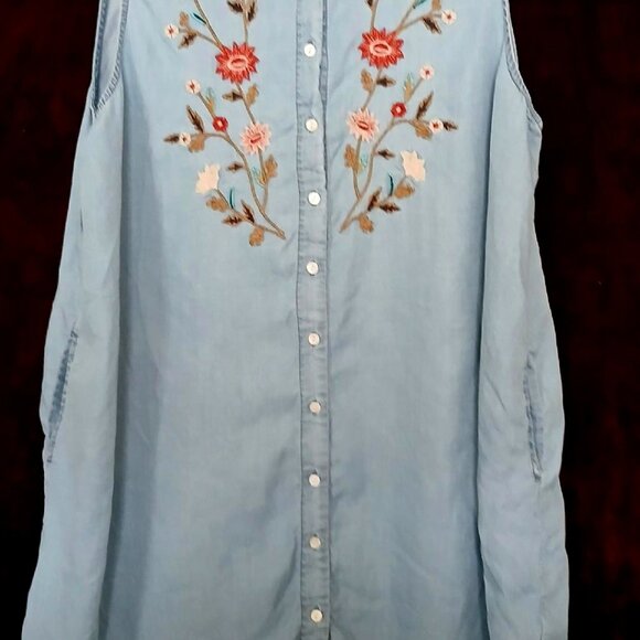Womens Terre Bleue Gray Flower Embroidered Tunic Shirt Dress w/Pockets - Picture 1 of 8